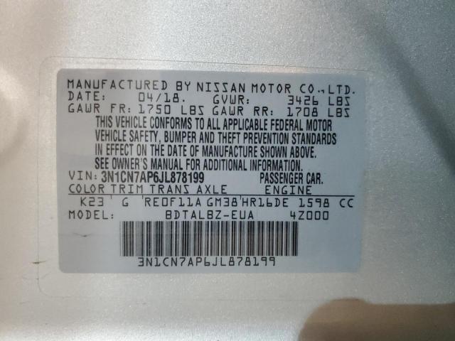 3N1CN7AP6JL878199 - 2018 NISSAN VERSA S SILVER photo 12