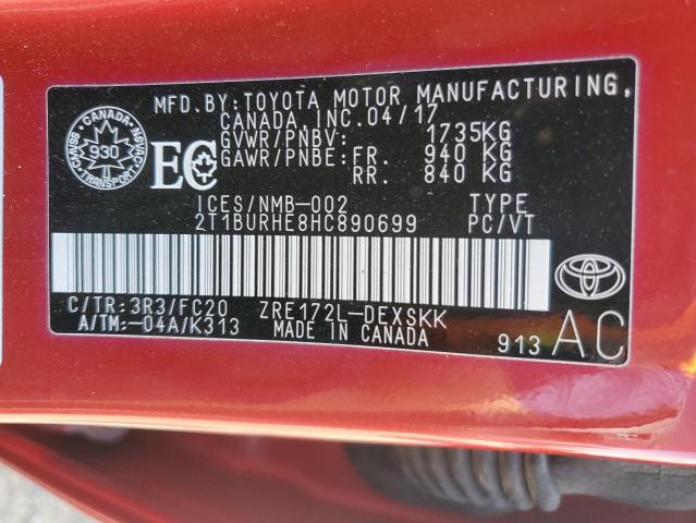 2T1BURHE8HC890699 - 2017 TOYOTA COROLLA L 红色 照片 12