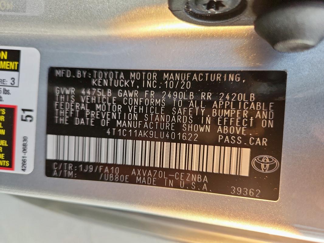 4T1C11AK9LU401622 - 2020 TOYOTA CAMRY LE SILVER photo 12