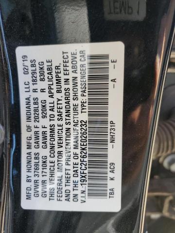 19XFC2F62KE026232 - 2019 HONDA CIVIC LX 黑色 照片 12