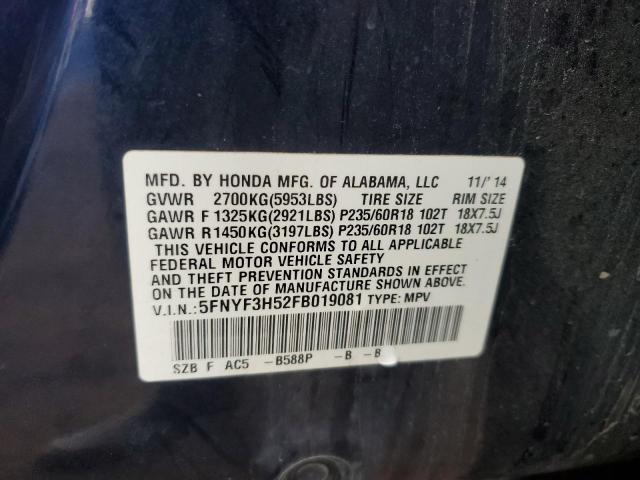 5FNYF3H52FB019081 - 2015 HONDA PILOT EXL BLUE photo 13