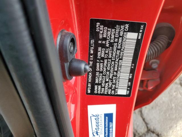 SHHFK7H83KU411628 - 2019 HONDA CIVIC EXL RED photo 12