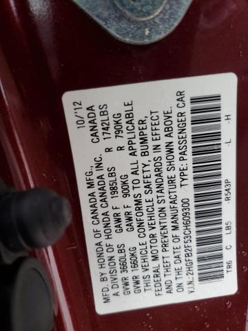 2HGFB2F53CH609300 - 2012 HOND CIVIC LX BURGUNDY photo 12