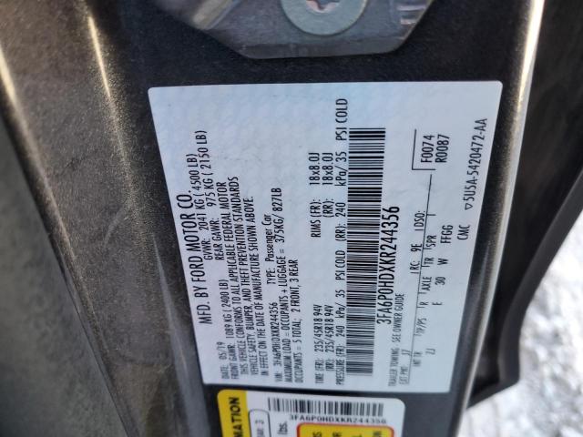 3FA6P0HDXKR244356 - 2019 FORD FUSION SE GRAY photo 12