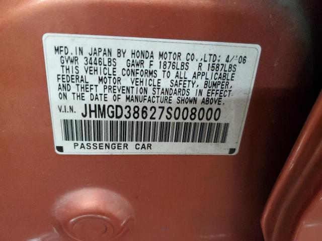 JHMGD38627S008000 - 2007 HONDA FIT S ORANGE photo 12