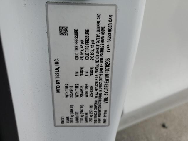 5YJ3E1EA1MF070295 - 2021 TESLA MODEL 3 WHITE photo 12