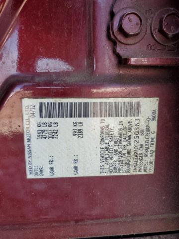 1N4AL2AP7CC250363 - 2012 NISSAN ALTIMA BASE ბურგუნდია ფოტო 12