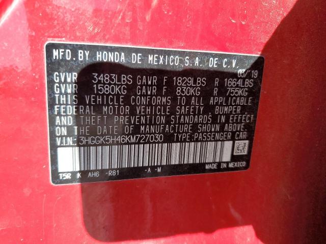 3HGGK5H46KM727030 - 2019 HONDA FIT LX RED photo 12