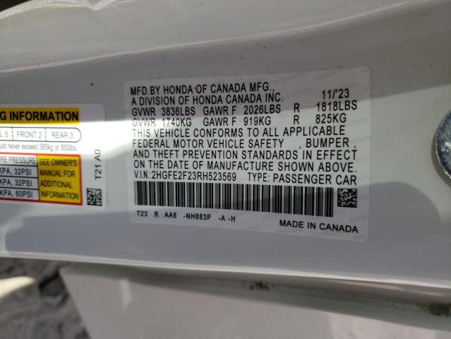 2HGFE2F23RH523569 - 2024 HONDA CIVIC LX თეთრი ფოტო 12