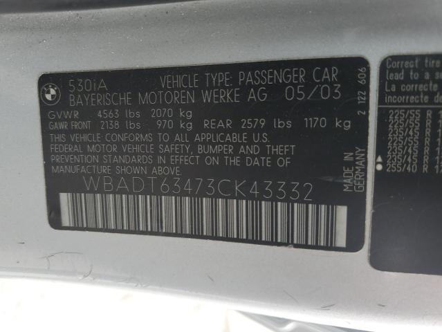 WBADT63473CK43332 - 2003 BMW 530 I AUTOMATIC SILVER photo 12