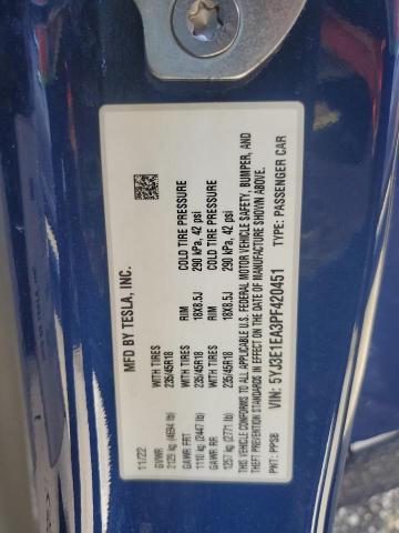 5YJ3E1EA3PF420451 - 2023 TESLA MODEL 3 蓝色 照片 12