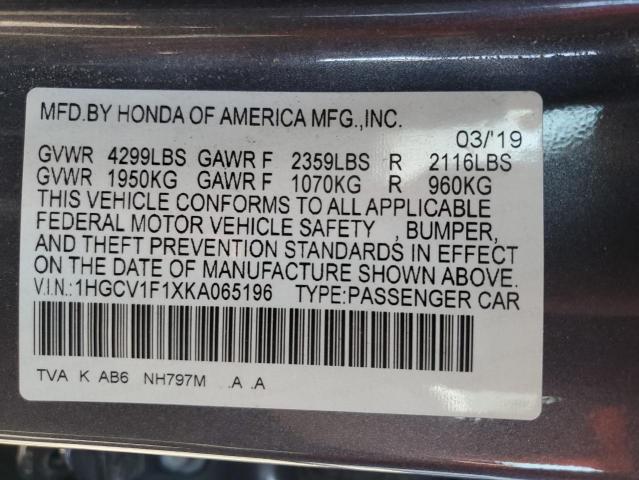 1HGCV1F1XKA065196 - 2019 HOND ACCORD LX Boz foto 12