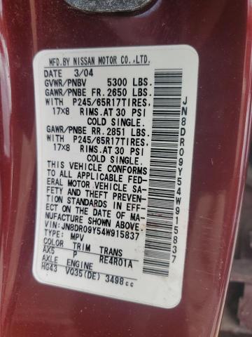 JN8DR09Y54W915837 - 2004 NISSAN PATHFINDER LE BURGUNDY photo 14