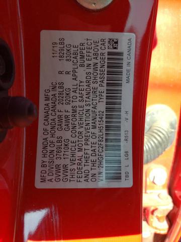 2HGFC2F82LH515402 - 2020 HONDA CIVIC SPORT RED photo 13