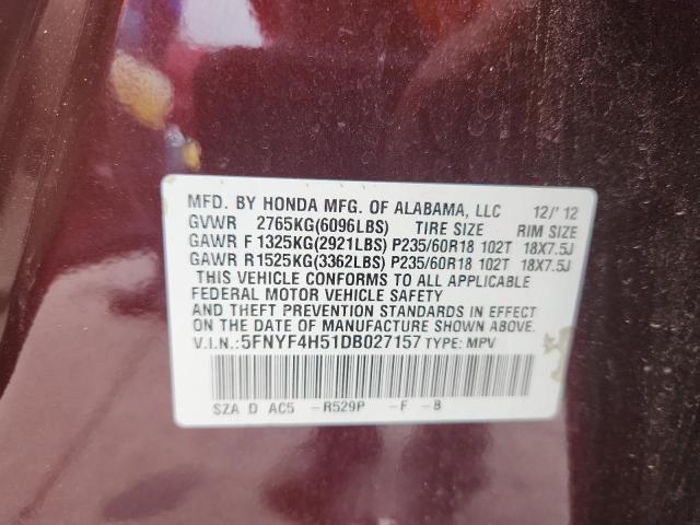 5FNYF4H51DB027157 - 2013 HONDA PILOT EXL 栗色 照片 14
