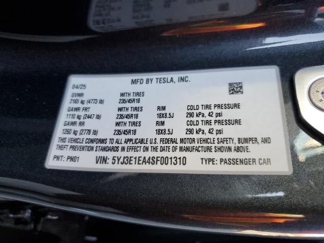 5YJ3E1EA4SF001310 - 2025 TESLA MODEL 3 BLACK photo 12