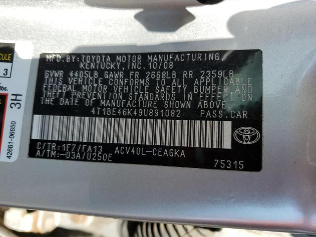 4T1BE46K49U891082 - 2009 TOYOTA CAMRY BASE 银色 照片 12