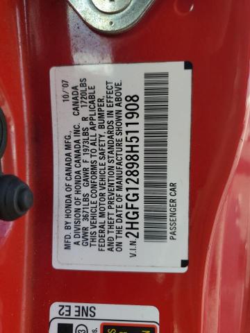 2HGFG12898H511908 - 2008 HONDA CIVIC EX RED photo 12
