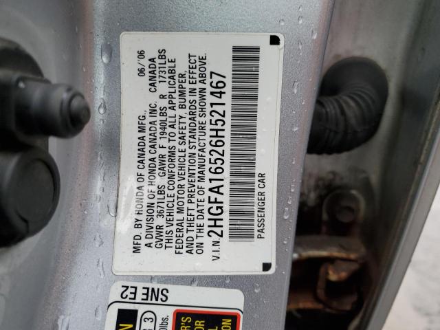 2HGFA16526H521467 - 2006 HONDA CIVIC LX SILVER photo 12