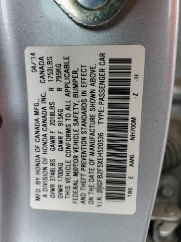 2HGFB2F5XEH520536 - 2014 HONDA CIVIC LX SILVER photo 12