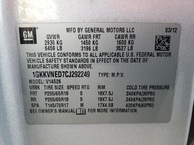 1GKKVNED7CJ292249 - 2012 GMC ACADIA SLE SILVER photo 13