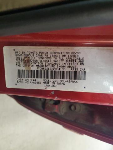 JTDBR32E632004135 - 2003 TOYOTA COROLLA CE RED photo 12
