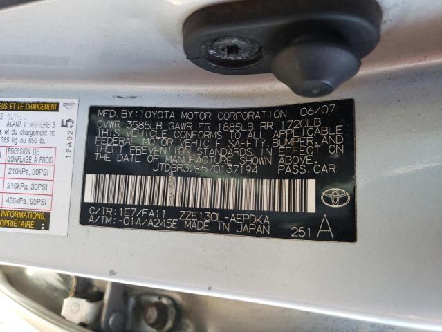 JTDBR32E570137194 - 2007 TOYOTA COROLLA CE 银色 照片 12