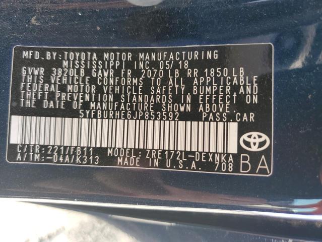 5YFBURHE6JP853592 - 2018 TOYOTA COROLLA L BLUE photo 13