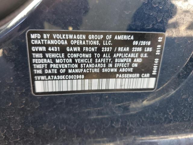 1VWLA7A30KC002969 - 2019 VOLKSWAGEN PASSAT WOLFSBURG BLUE photo 12