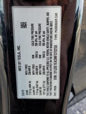5YJ3E1EA3NF370258 - 2022 TESLA MODEL 3 Qara foto 12