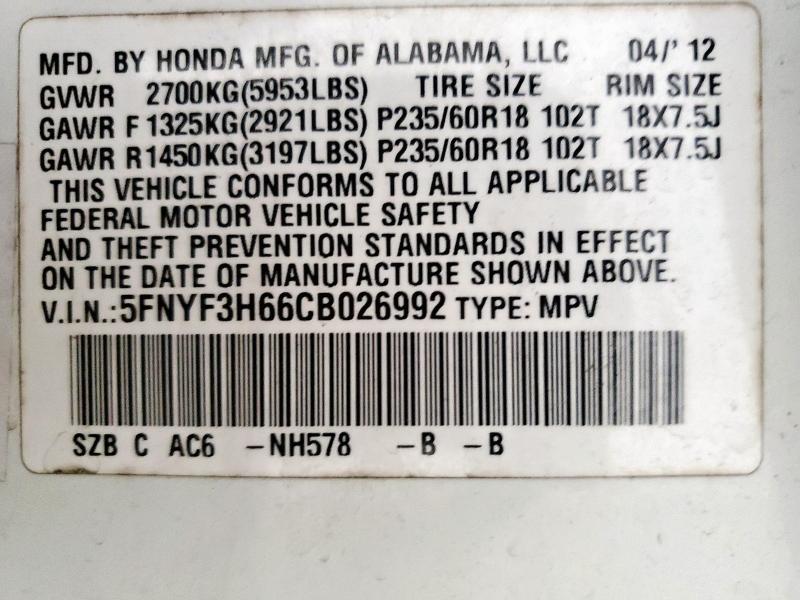 5FNYF3H66CB026992 - 2012 HONDA PILOT EXL WHITE photo 13