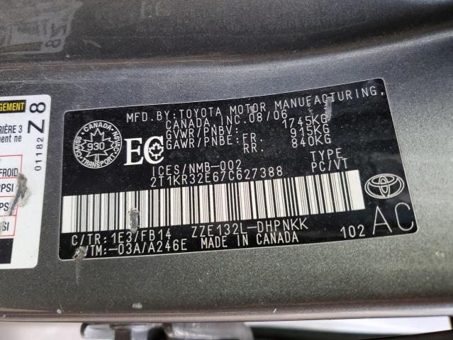 2T1KR32E67C627388 - 2007 TOYOTA COROLLA MA XR GRAY photo 12