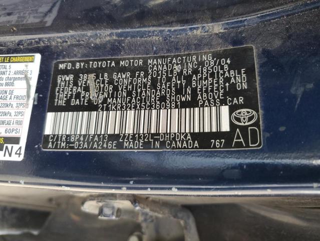 2T1KR32EX5C360981 - 2005 TOYOTA COROLLA MA XR BLUE photo 12