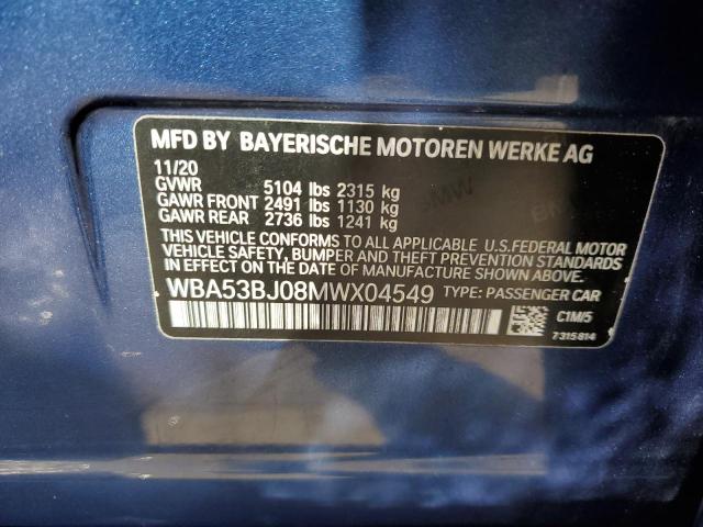 WBA53BJ08MWX04549 - 2021 BMW 540 I BLUE photo 12