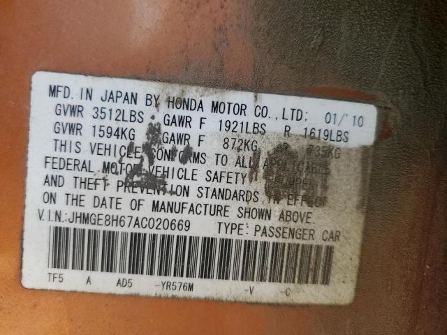 JHMGE8H67AC020669 - 2010 HONDA FIT SPORT ORANGE photo 13