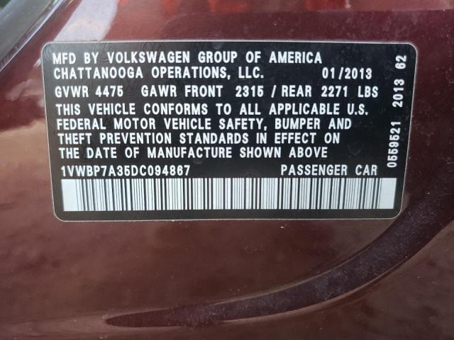 1VWBP7A35DC094867 - 2013 VOLKSWAGEN PASSAT SE BURGUNDY photo 12