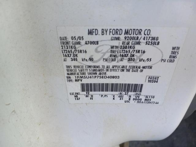 1FMSU41P75ED40803 - 2005 FORD EXCURSION XLT WHITE photo 12