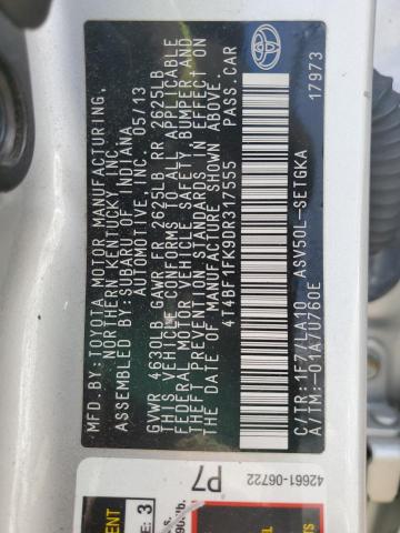 4T4BF1FK9DR317555 - 2013 TOYOTA CAMRY L SILVER photo 13
