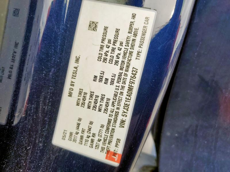 5YJ3E1EA0MF976437 - 2021 TESLA MODEL 3 BLUE photo 12