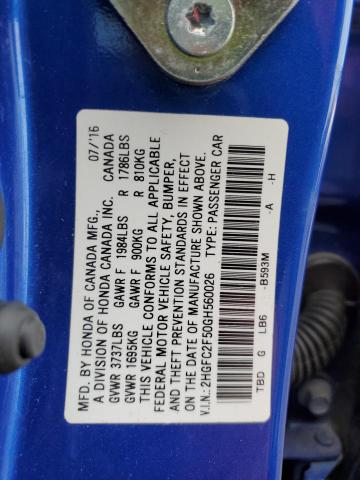 2HGFC2F50GH560026 - 2016 HONDA CIVIC LX BLUE photo 12