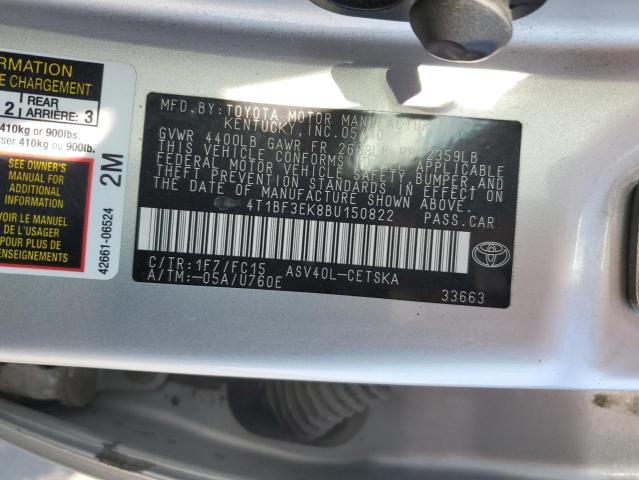 4T1BF3EK8BU150822 - 2011 TOYOTA CAMRY BASE SILVER photo 12