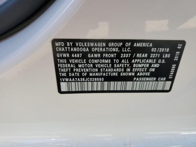 1VWAA7A35JC026593 - 2018 VOLKSWAGEN PASSAT S 白色 照片 12