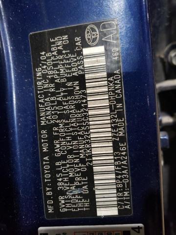 2T1KR32E55C321473 - 2005 TOYOTA COROLLA MA XR BLUE photo 12