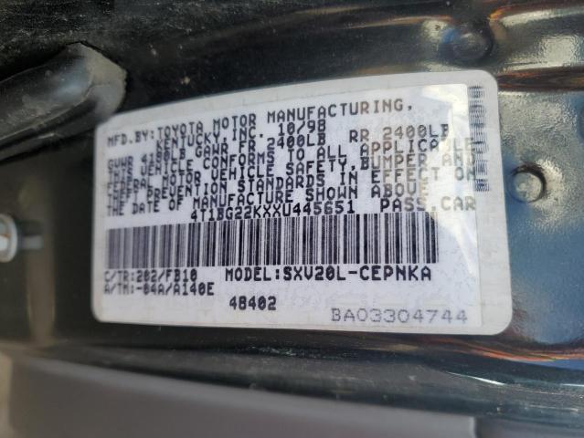 4T1BG22KXXU445651 - 1999 TOYOTA CAMRY CE BLACK photo 12
