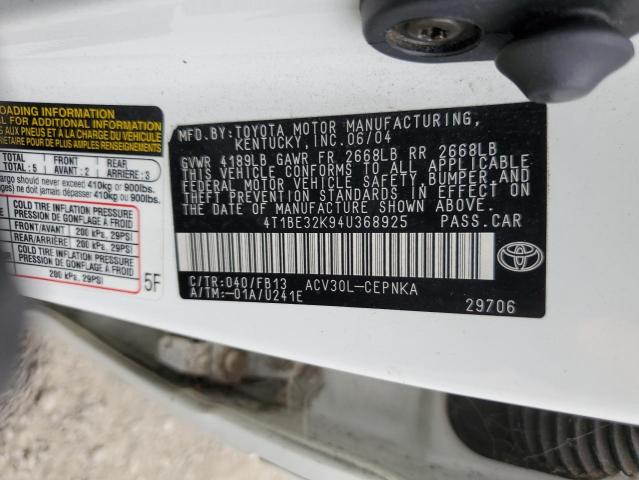 4T1BE32K94U368925 - 2004 TOYOTA CAMRY LE WHITE photo 12