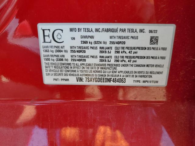 7SAYGDEE0NF484063 - 2022 TESLA MODEL Y Կարմիր լուսանկար 13
