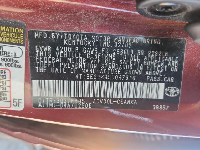 4T1BE32K85U047816 - 2005 TOYOTA CAMRY LE RED photo 12