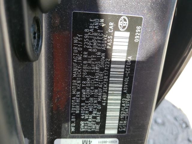 4T4BF3EK7BR171232 - 2011 TOYOTA CAMRY BASE GRAY photo 12