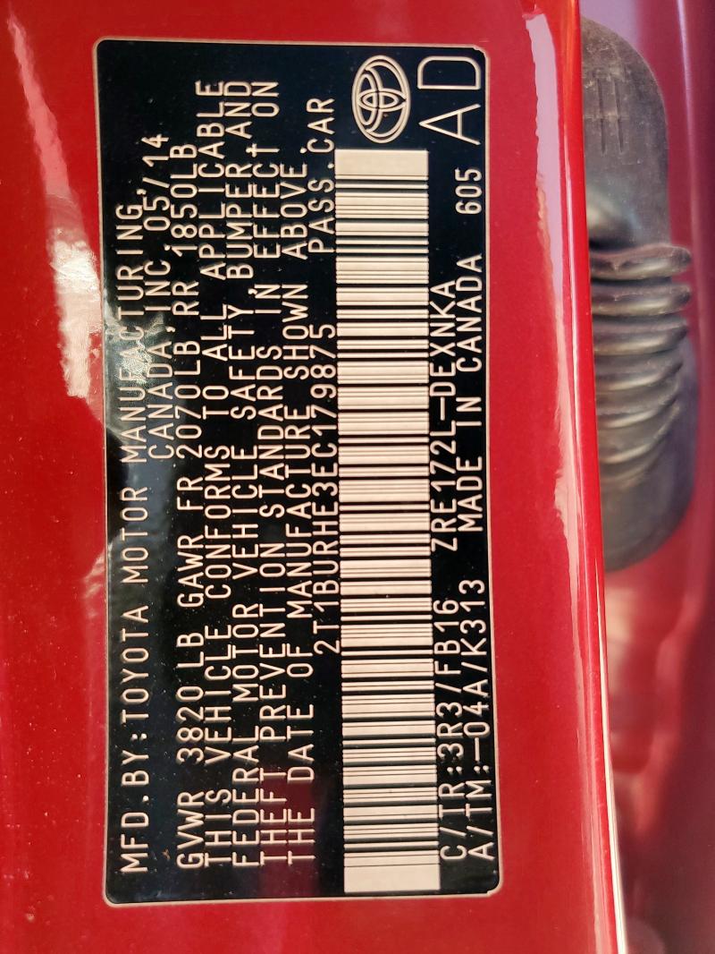 2T1BURHE3EC179875 - 2014 TOYOTA COROLLA L RED photo 14