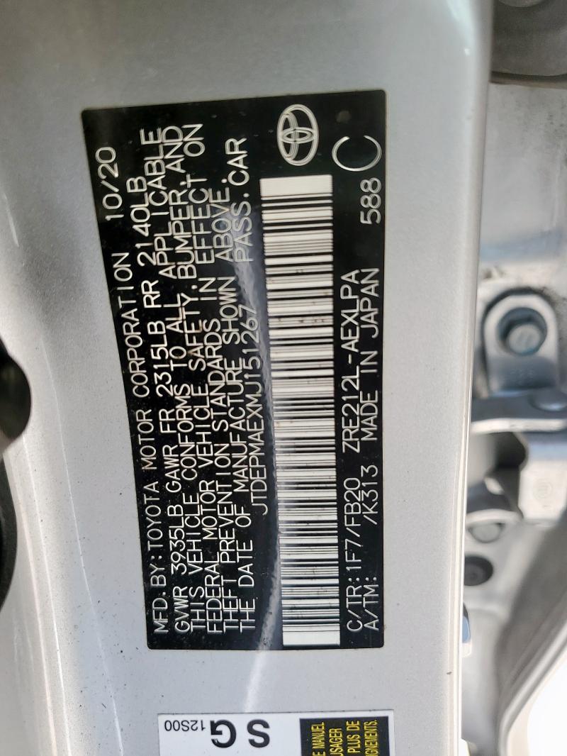 JTDEPMAEXMJ151267 - 2021 TOYOTA COROLLA LE 银色 照片 13